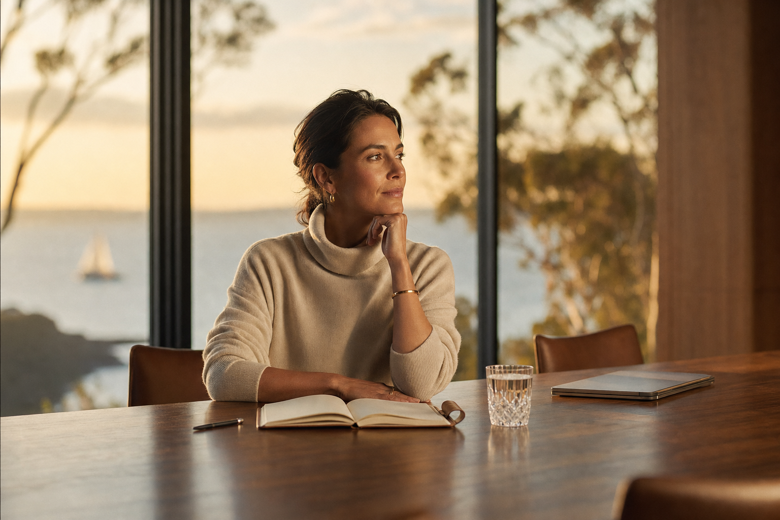 Australian business broker in a considered moment, reviewing a client mandate at a walnut boardroom overlooking the coast at golden hour