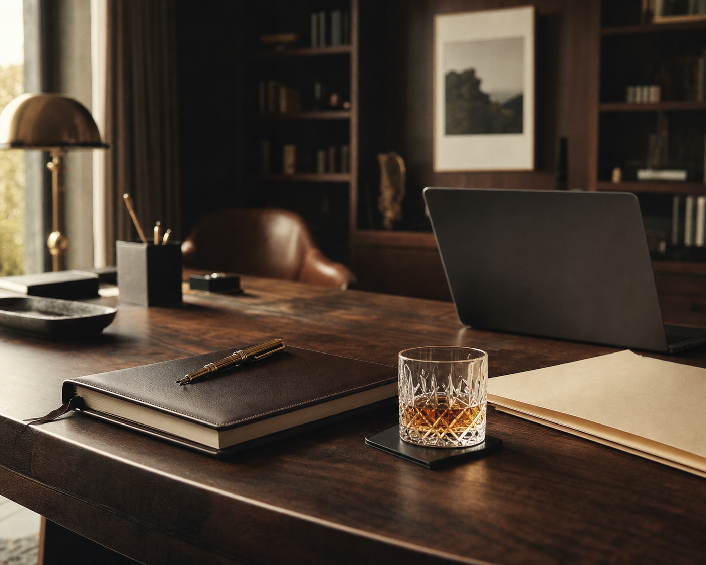A leather notebook, gold fountain pen, and crystal tumbler of aged cognac on a walnut desk